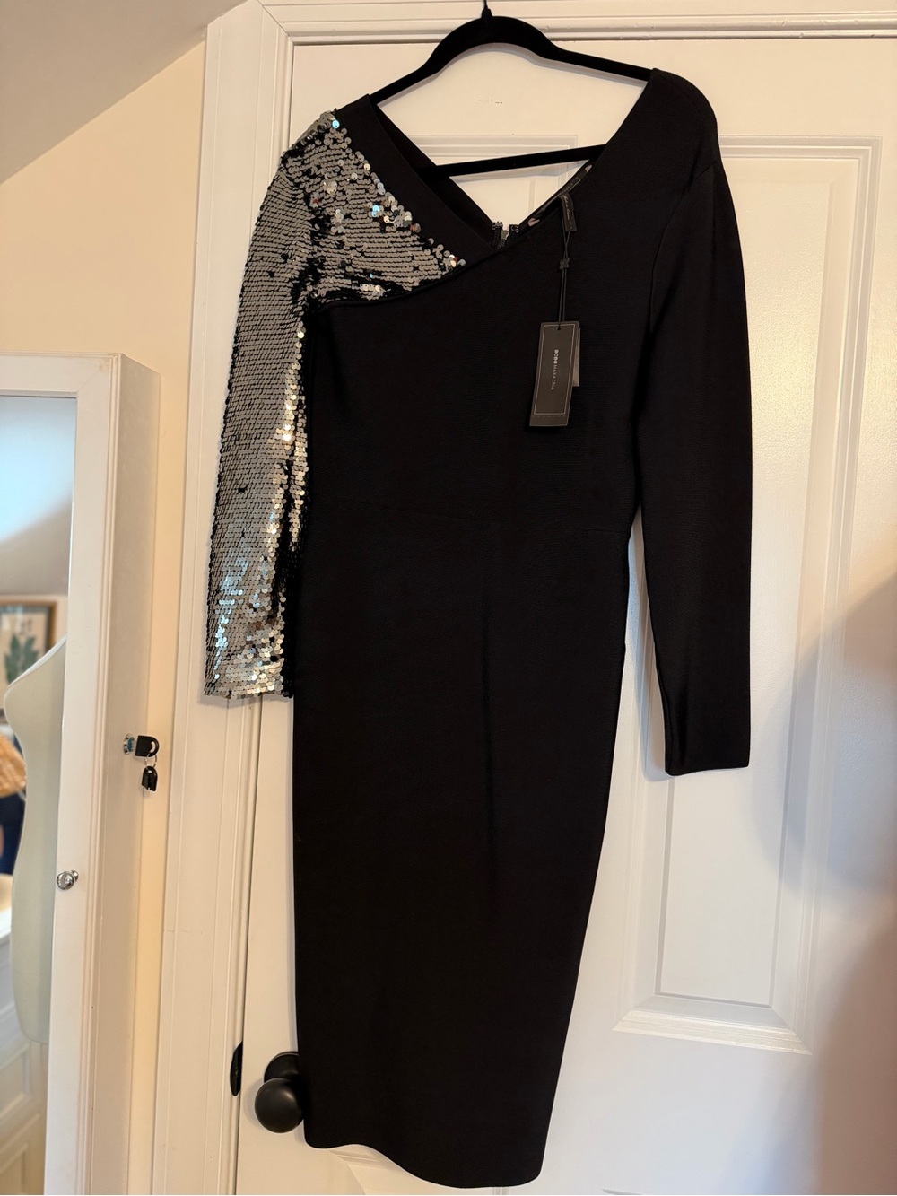 BCBGMaxAzria Black One-Shoulder Dress with Silver Sequin Sleeve